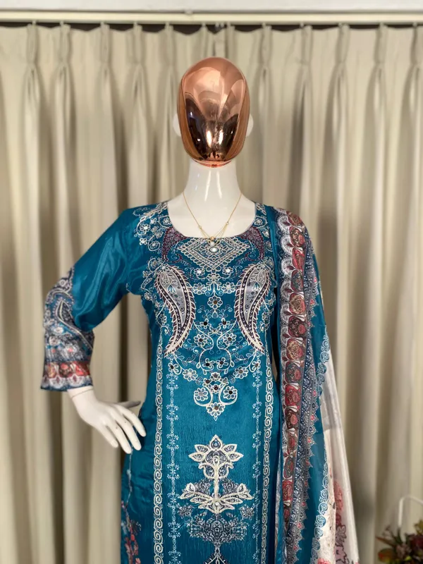 Teal_Blue_Designer_Wear_Chinon_Printed_Pant_Pair_With_Mirror_Work