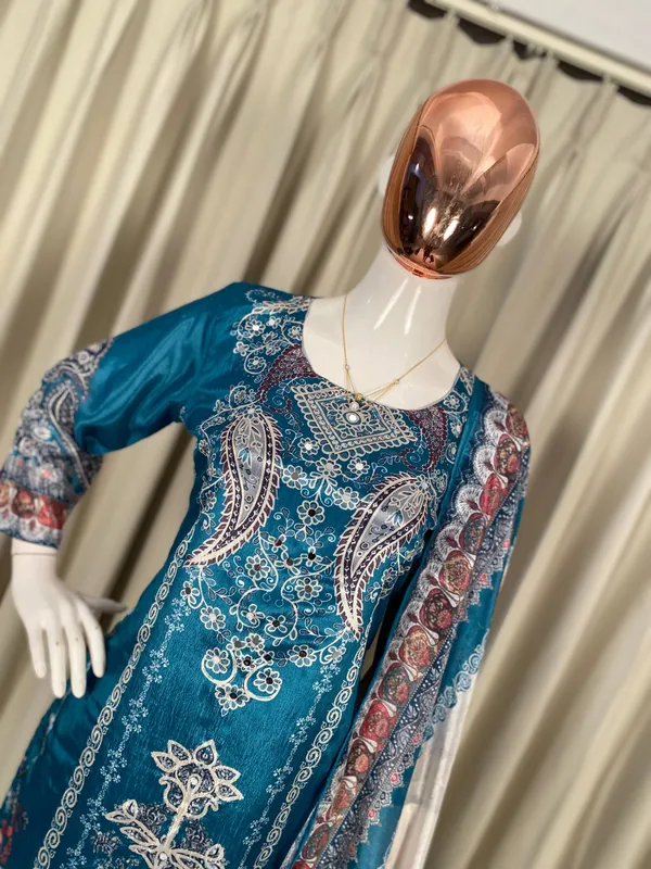 Teal_Blue_Designer_Wear_Chinon_Printed_Pant_Pair_With_Mirror_Work
