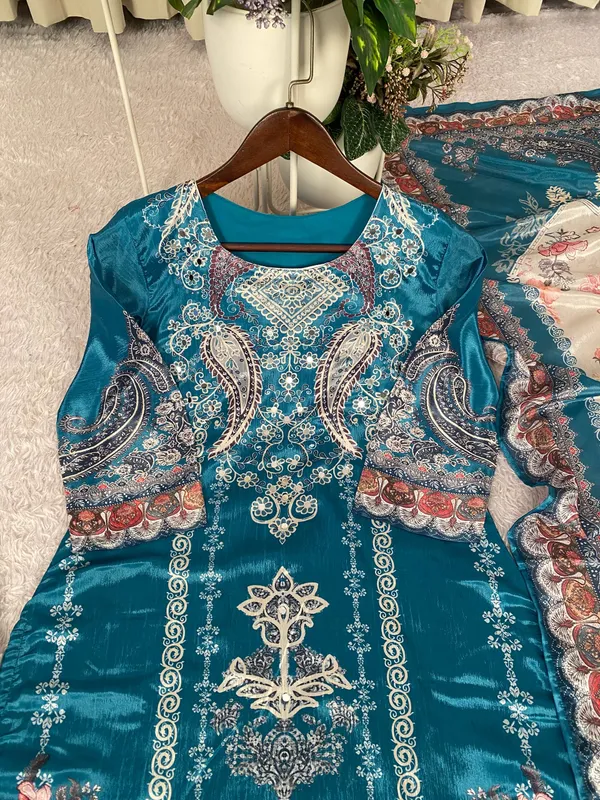 Teal_Blue_Designer_Wear_Chinon_Printed_Pant_Pair_With_Mirror_Work