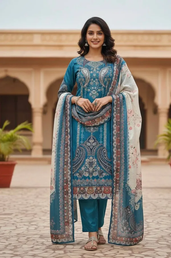 Teal_Blue_Designer_Wear_Chinon_Printed_Pant_Pair_With_Mirror_Work