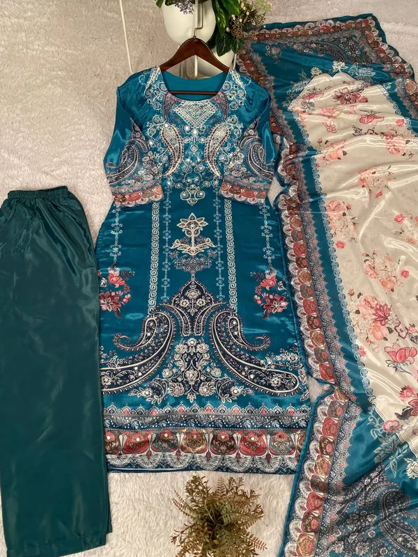 Teal_Blue_Designer_Wear_Chinon_Printed_Pant_Pair_With_Mirror_Work