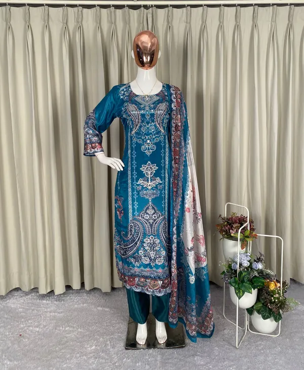 Teal_Blue_Designer_Wear_Chinon_Printed_Pant_Pair_With_Mirror_Work