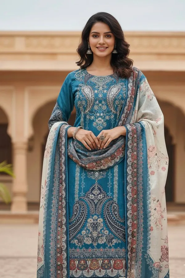 Teal_Blue_Designer_Wear_Chinon_Printed_Pant_Pair_With_Mirror_Work