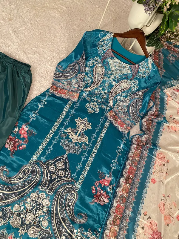 Teal_Blue_Designer_Wear_Chinon_Printed_Pant_Pair_With_Mirror_Work