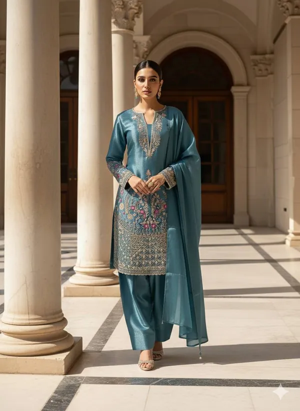 Teal_Blue_Designer_Wear_Jimmy_Choo_Embroidered_Top_-_Farsi_Salwaar_And_Dupatta_Suit_Set