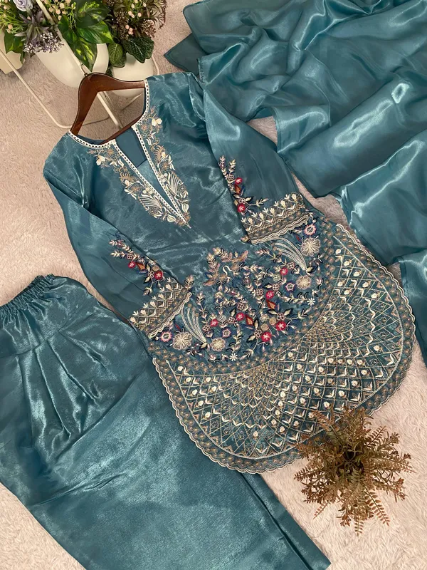 Teal_Blue_Designer_Wear_Jimmy_Choo_Embroidered_Top_-_Farsi_Salwaar_And_Dupatta_Suit_Set