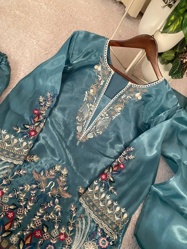 Teal_Blue_Designer_Wear_Jimmy_Choo_Embroidered_Top_-_Farsi_Salwaar_And_Dupatta_Suit_Set