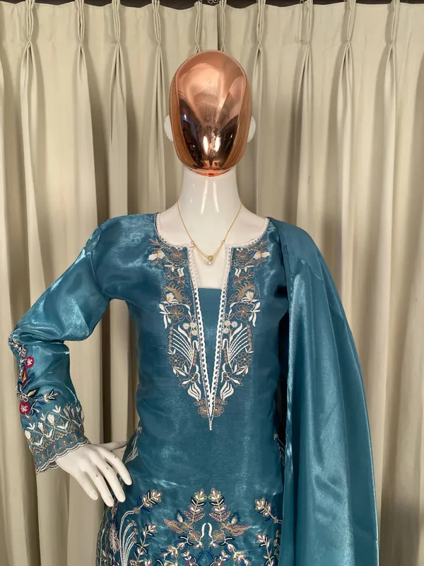 Teal_Blue_Designer_Wear_Jimmy_Choo_Embroidered_Top_-_Farsi_Salwaar_And_Dupatta_Suit_Set