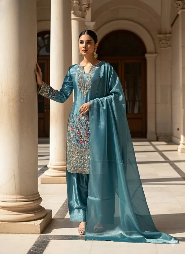 Teal_Blue_Designer_Wear_Jimmy_Choo_Embroidered_Top_-_Farsi_Salwaar_And_Dupatta_Suit_Set