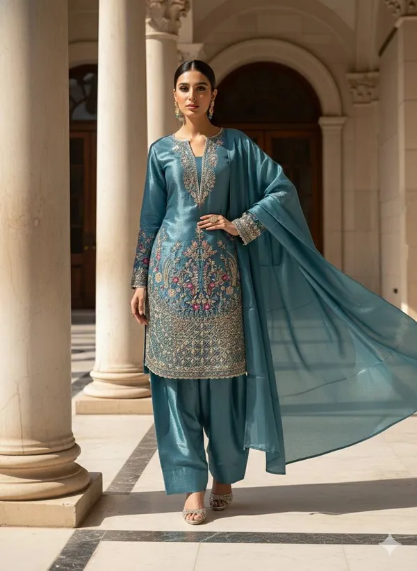 Teal_Blue_Designer_Wear_Jimmy_Choo_Embroidered_Top_-_Farsi_Salwaar_And_Dupatta_Suit_Set