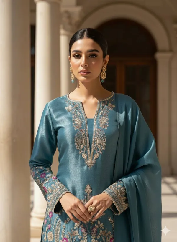Teal_Blue_Designer_Wear_Jimmy_Choo_Embroidered_Top_-_Farsi_Salwaar_And_Dupatta_Suit_Set