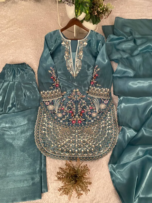 Teal_Blue_Designer_Wear_Jimmy_Choo_Embroidered_Top_-_Farsi_Salwaar_And_Dupatta_Suit_Set