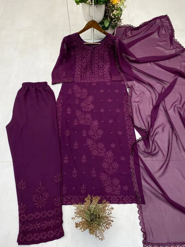 Wine_Chikankari_Premium_Kurti_Set_With_Dupatta_For_Women