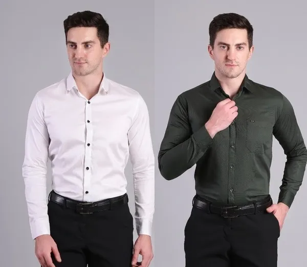 White_Formal_Shirt_With_Black_Button_Detailing_For_Men_And_Olive_Green_Full_Sleeve_Formal_Shirt_For_Men_Combo_Pack_Of_2