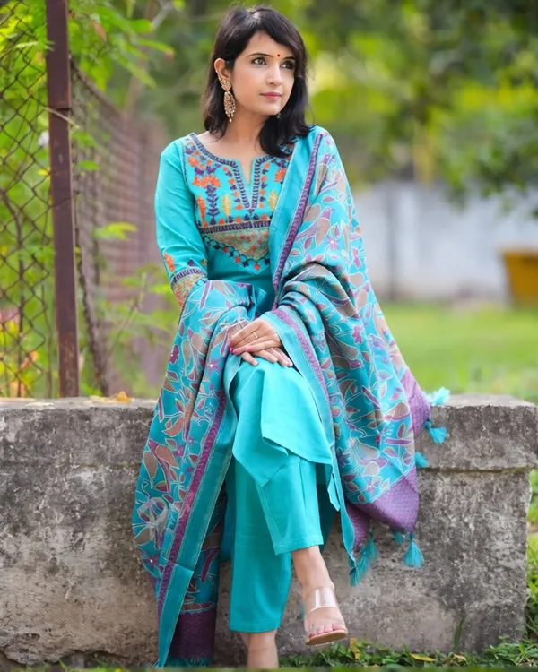 Aqua_Blue_Cotton_Slub_Floral_Printed_Kurta_Set_With_Dupatta_For_Women