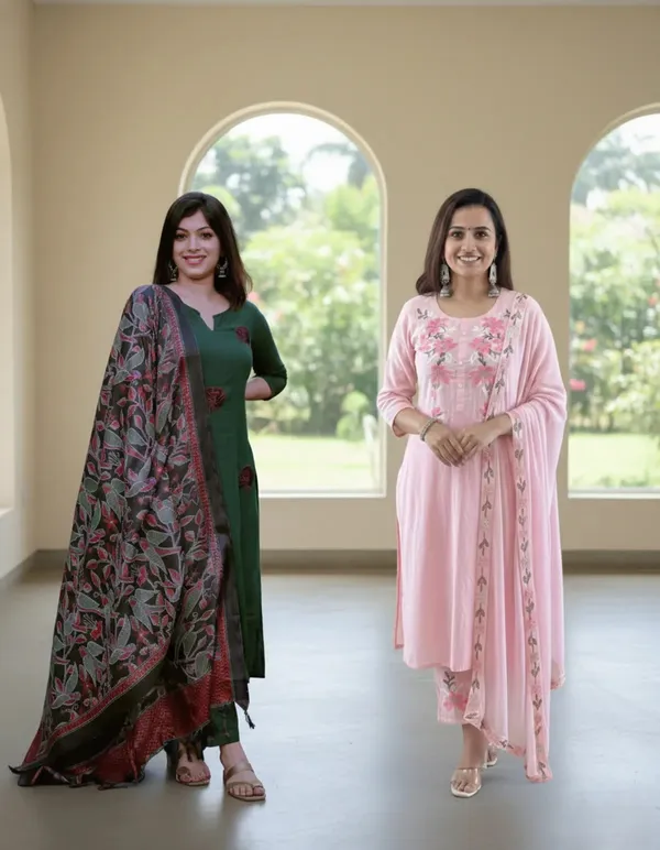 Pink_And_Green_Cotton_Slub_Floral_Printed_Kurta_Set_Pack_Of_2_For_Women