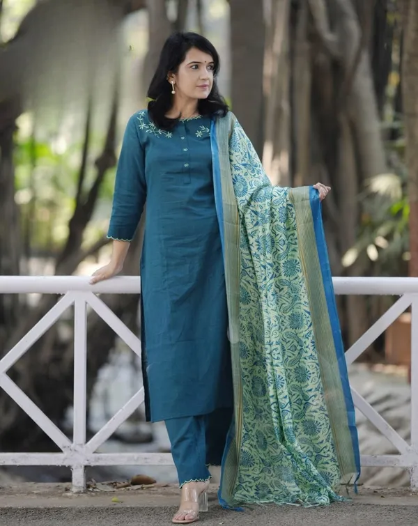 Teal_Blue_Cotton_Kurta_Pant_Set_With_Printed_Dupatta_For_Women