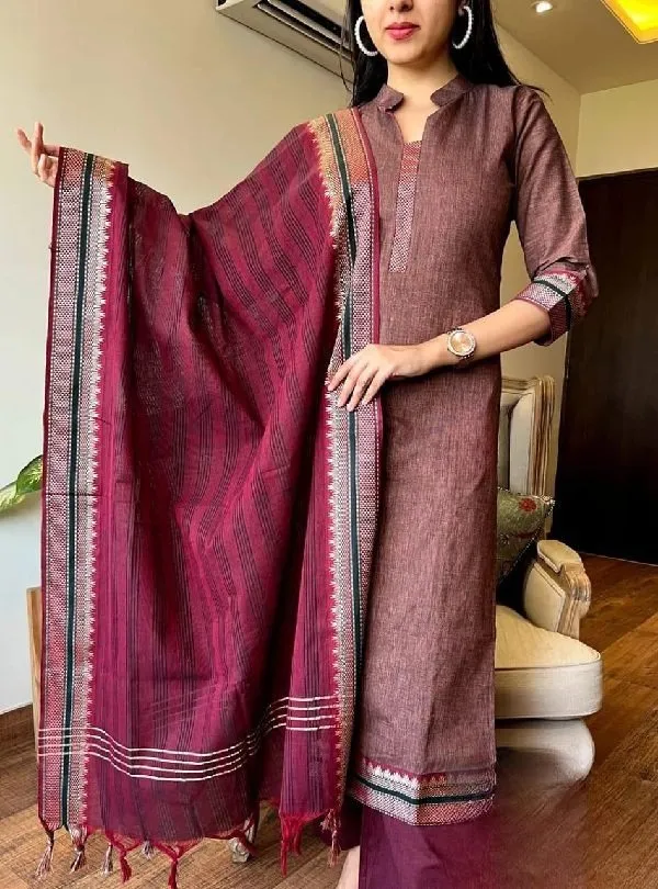 Wine_Cotton_Kurta_Set_For_Women