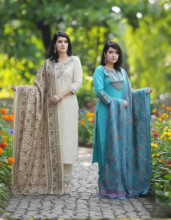Aqua_Blue_And_Off_White_Cotton_Flex_Floral_Printed_Kurta_Set_Pack_Of_2_For_Women
