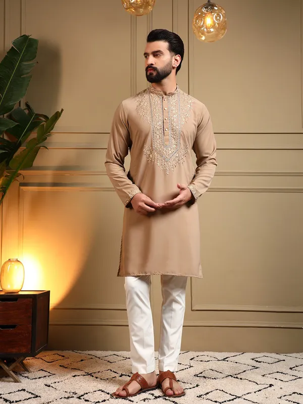 Beige_Cotton_Straight_Embroidered_Kurta_For_Men