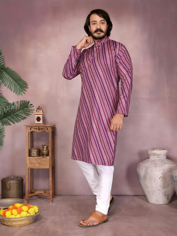 Purple_Cotton_Straight_Printed_Kurta_For_Men