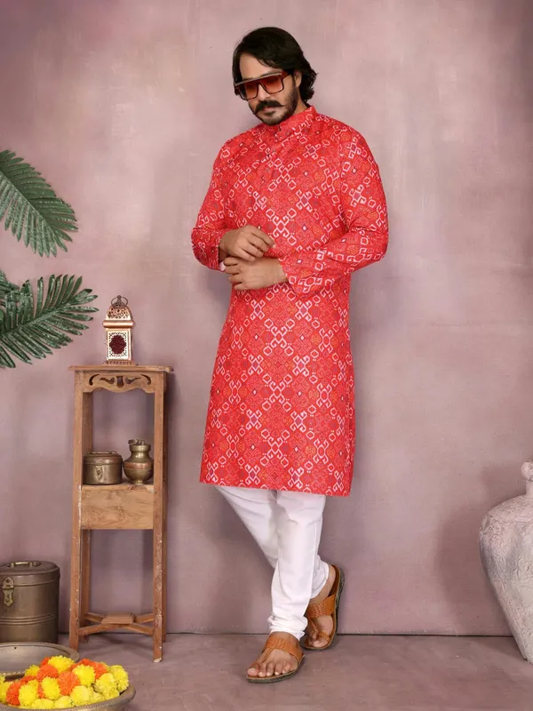 Red_Cotton_Straight_Printed_Kurta_For_Men