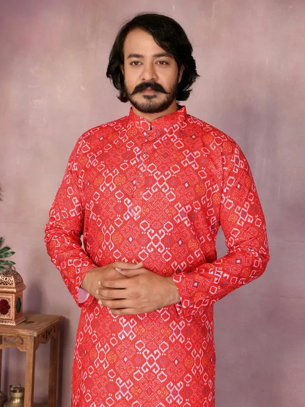 Red_Cotton_Straight_Printed_Kurta_For_Men