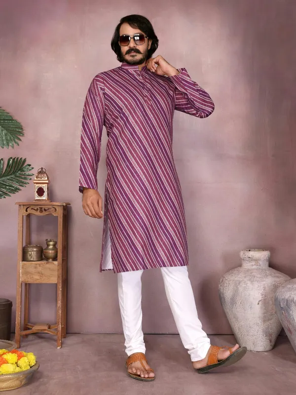 Purple_Cotton_Straight_Printed_Kurta_For_Men