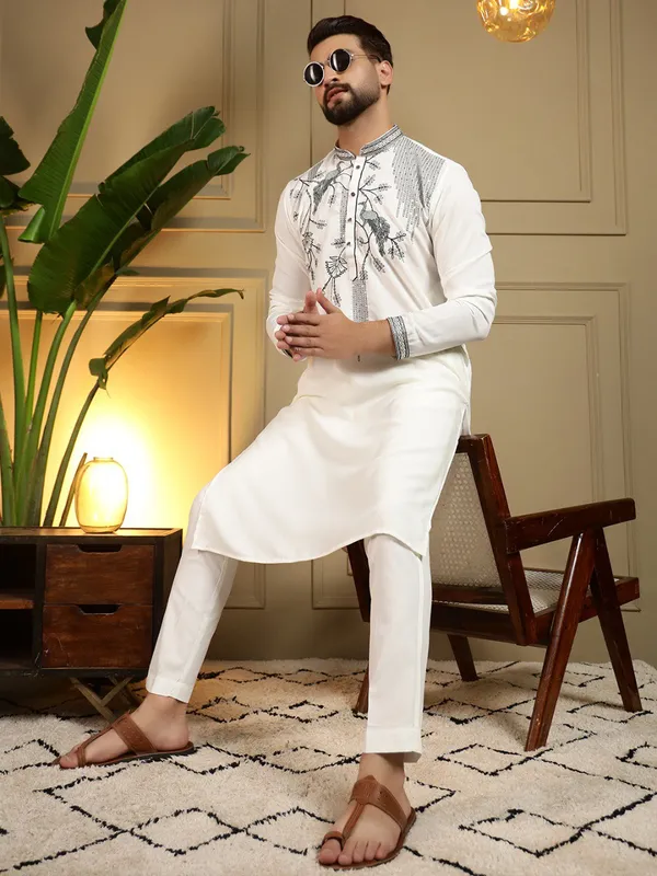White_Viscose_Silk_Straight_Printed_Kurta_Set_For_Men