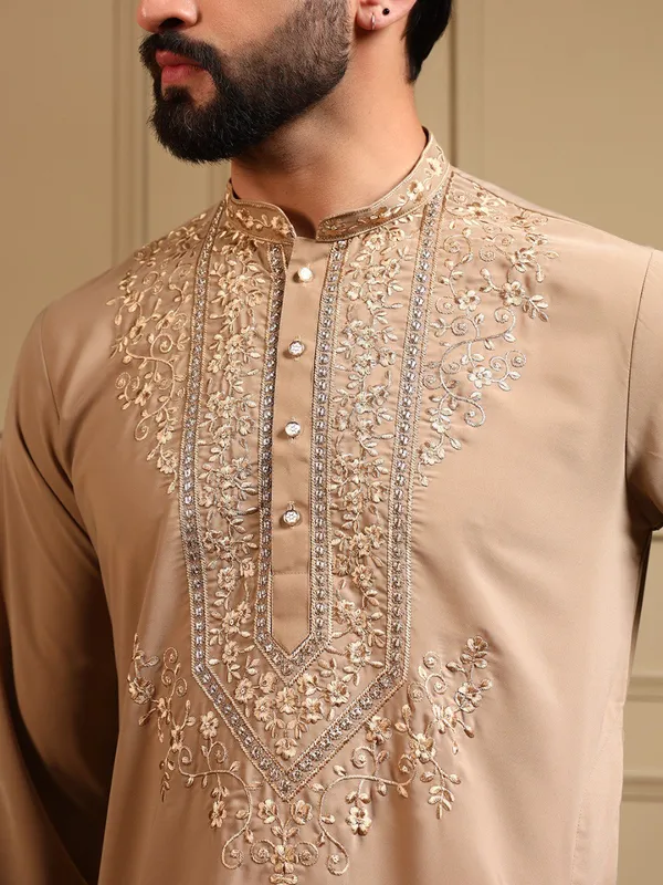 Beige_Cotton_Straight_Embroidered_Kurta_For_Men