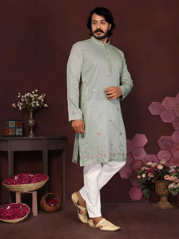 Sage_Green_Cotton_Straight_Embroidered_Kurta_Set_For_Men