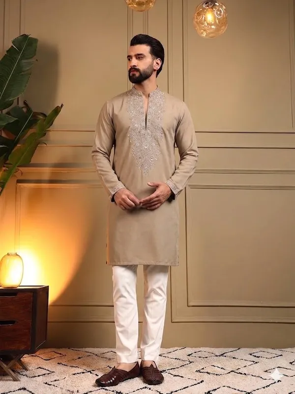 Beige_Star_Silk_Straight_Embroidered_Kurta_Pajama_Set_For_Men