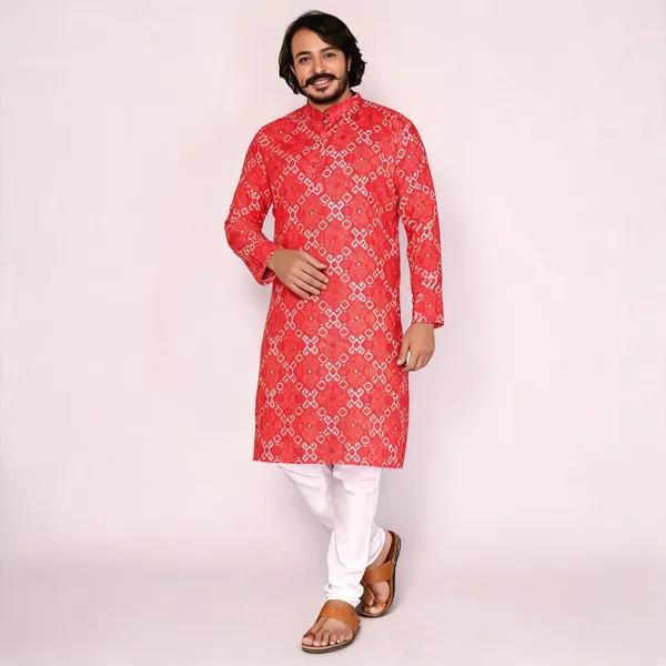 Red_Cotton_Straight_Printed_Kurta_For_Men