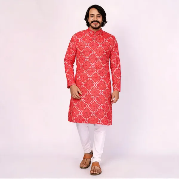 Red_Cotton_Straight_Printed_Kurta_For_Men