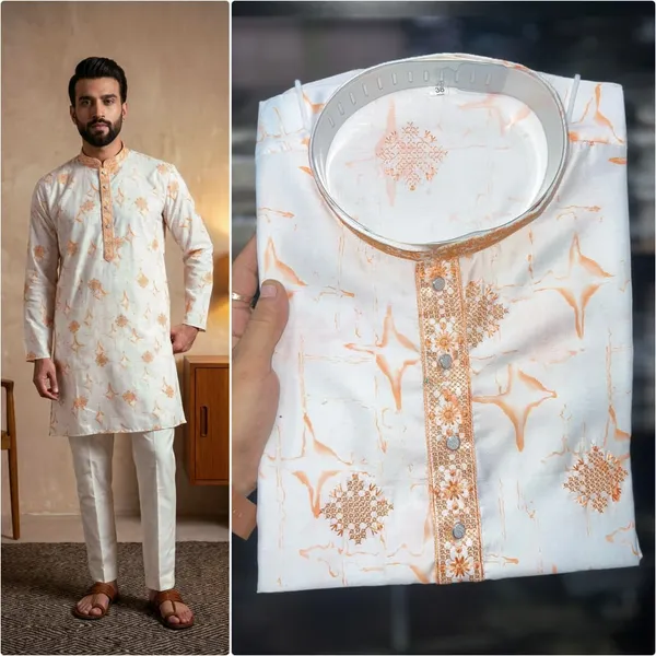Cream_Star_Silk_Straight_Printed_Kurta_Pajama_Set_For_Men