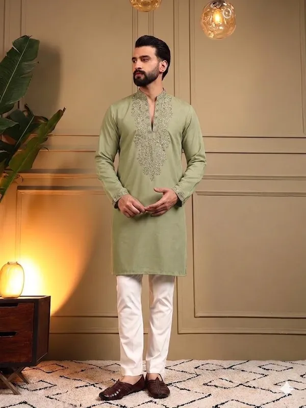 Sage_Green_Star_Silk_Straight_Embroidered_Kurta_For_Men