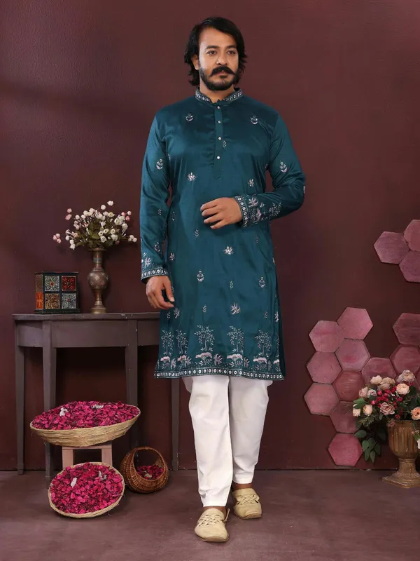 Teal_Cotton_Straight_Embroidered_Kurta_For_Men