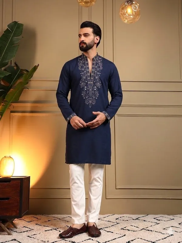 Navy_Blue_Star_Silk_Straight_Embroidered_Kurta_For_Men