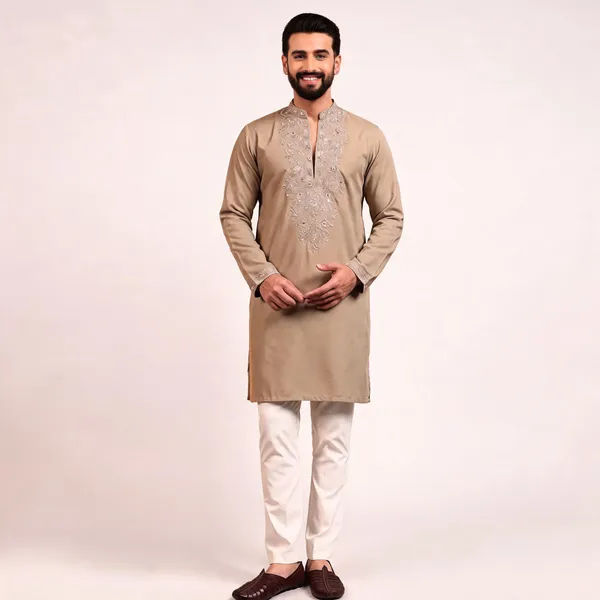 Beige_Star_Silk_Straight_Embroidered_Kurta_Pajama_Set_For_Men
