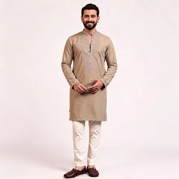 Beige_Star_Silk_Straight_Embroidered_Kurta_Pajama_Set_For_Men