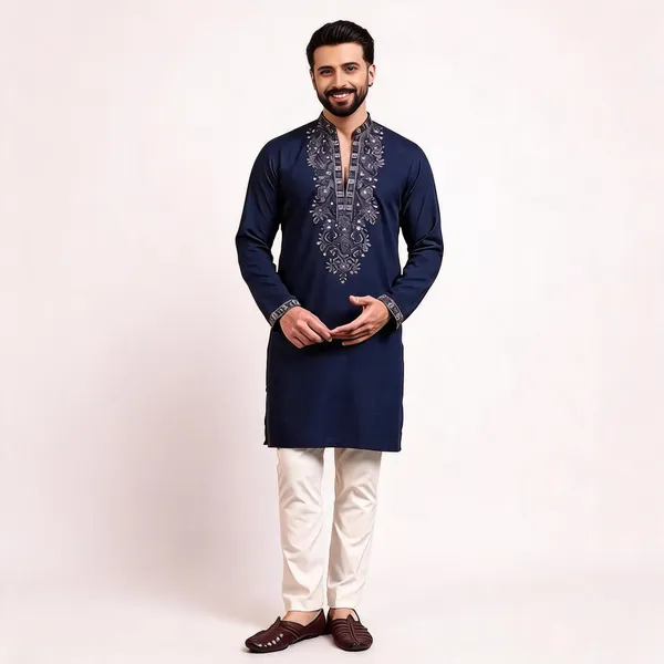 Navy_Blue_Star_Silk_Straight_Embroidered_Kurta_For_Men