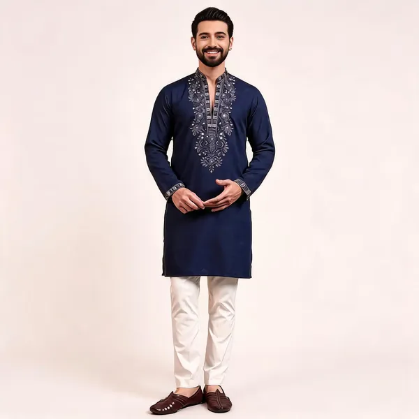 Navy_Blue_Star_Silk_Straight_Embroidered_Kurta_For_Men