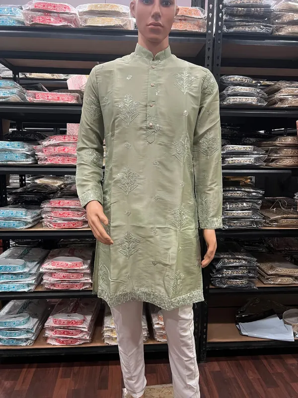 Green_Cotton_Straight_Embroidered_Kurta_For_Men