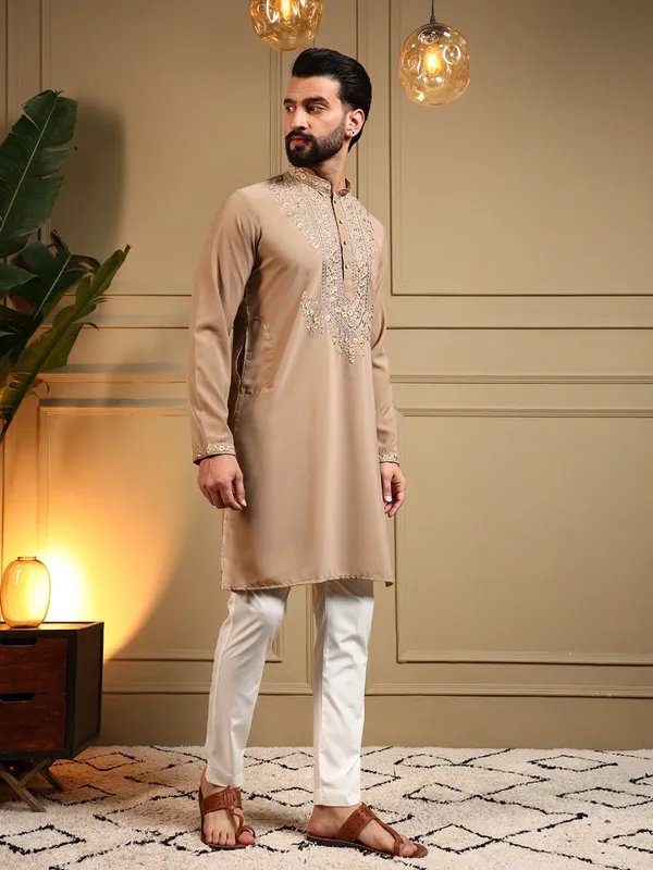 Beige_Cotton_Straight_Embroidered_Kurta_For_Men