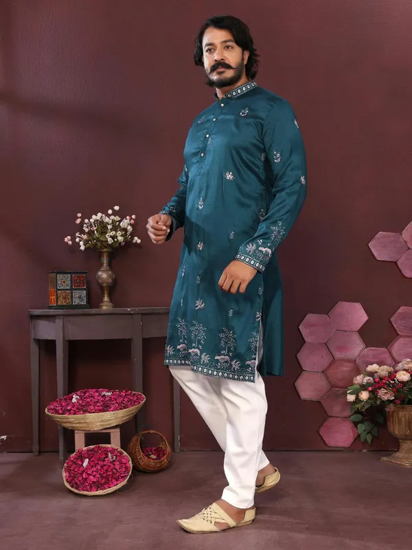 Teal_Cotton_Straight_Embroidered_Kurta_For_Men