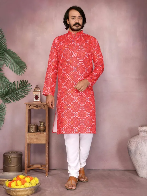 Red_Cotton_Straight_Printed_Kurta_For_Men