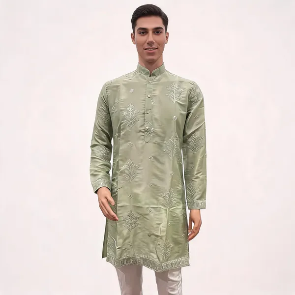 Green_Cotton_Straight_Embroidered_Kurta_For_Men