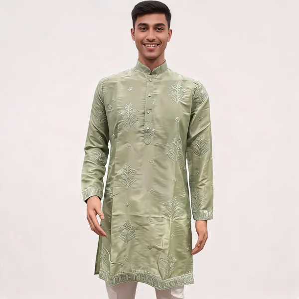 Green_Cotton_Straight_Embroidered_Kurta_For_Men