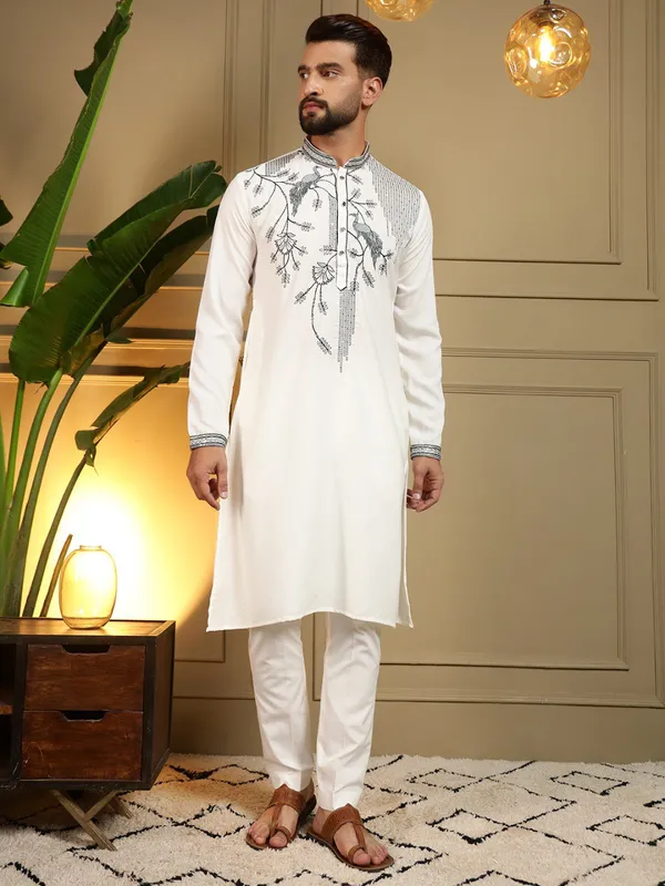 White_Viscose_Silk_Straight_Printed_Kurta_Set_For_Men