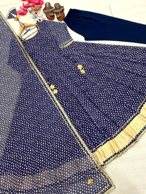 Launching_New_Party_Wear_Look_Heavy_Bandhej_Print_Faux_Georgette_Gown,Dupatta_&_Bottom_Set